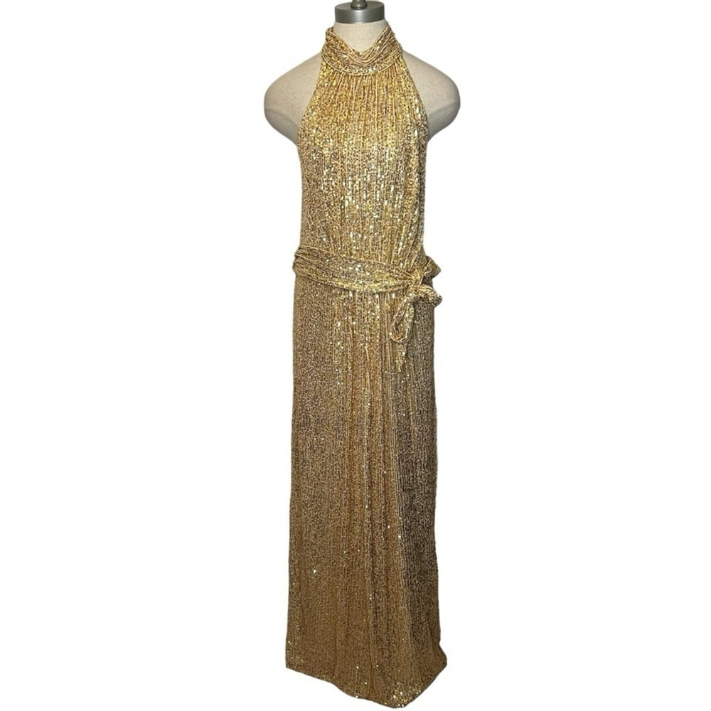 MAC DUGGAL 11281 Gold Champagne Sequin Halter Neck Belted Soft Tie Maxi Dress 14 - Picture 5 of 15